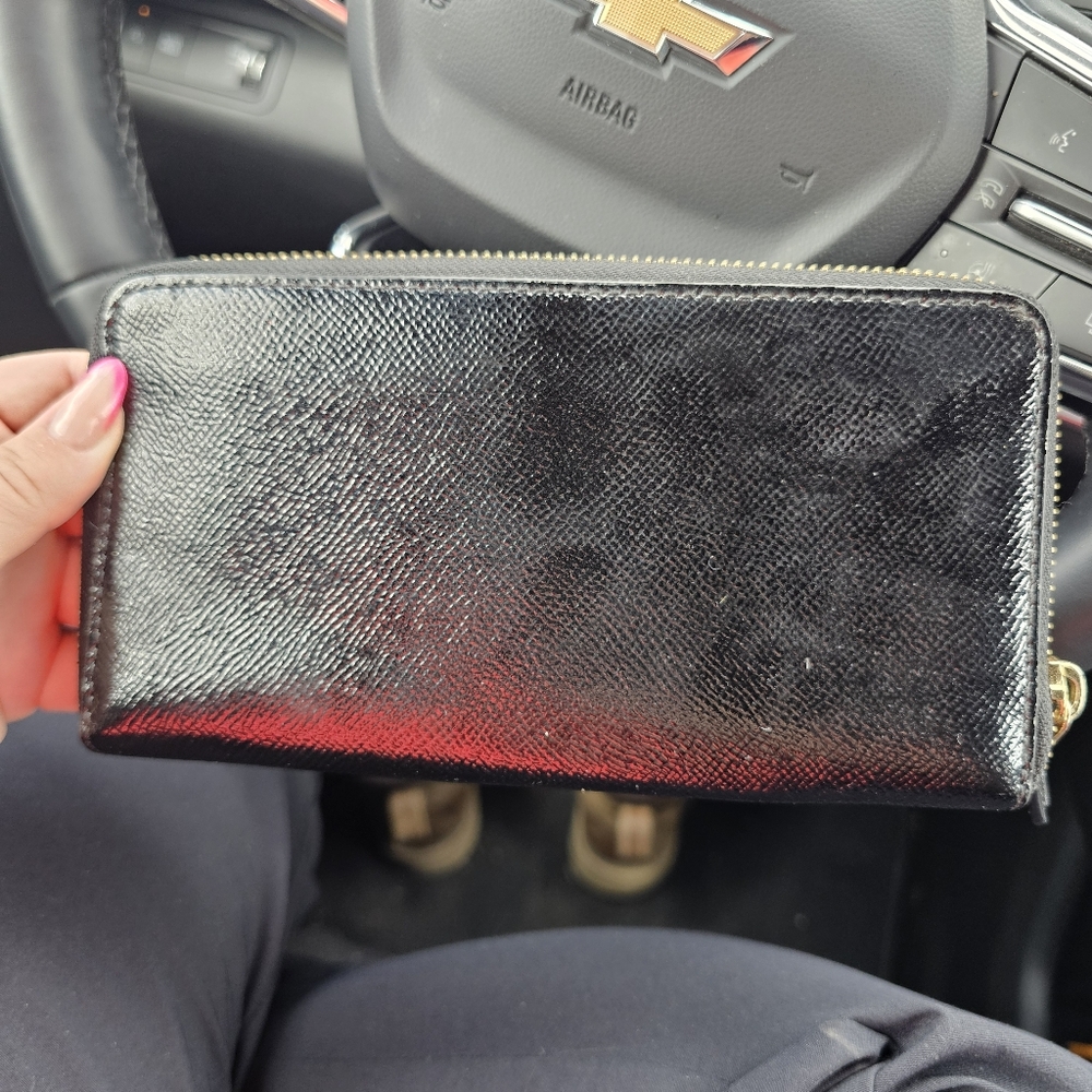 Coach Crossgrain Glossy Black Accordion Leather Wallet Zip Around Long - Picture 2 of 5